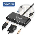 Onten 9573S USB C to HDTV VGA Hub 5-in-1 4K Type C to HDTV+VGA+Audio+USB 3.0 Port+USB C PD Multiport Dongle Converter